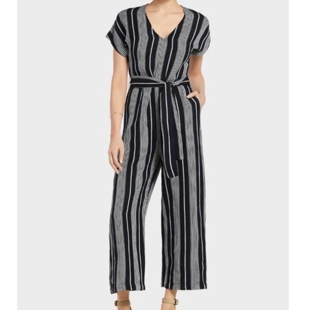 Rails Angela Stripe Linen‎ Jumpsuit Navy White Wide Leg Belted V-Neck Medium